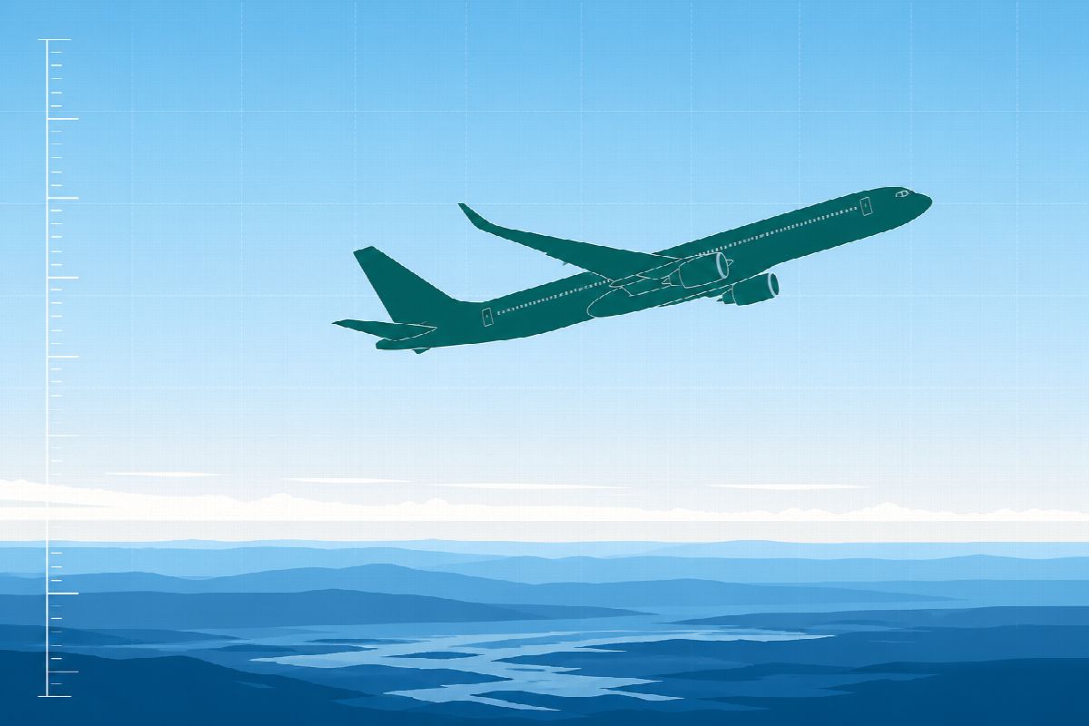 Diagram of a swept-wing airliner climbing above a horizon, with an altitude scale.